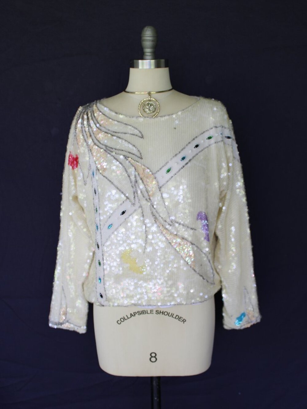 Oleg Cassini vintage 80s sequin beaded opalescent silver silk dress top tunic M - Picture 4 of 11